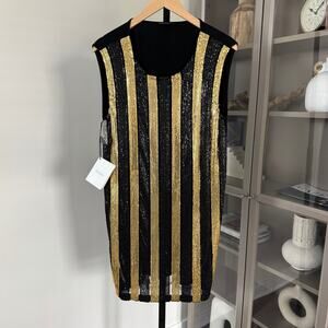 Balmain Black Jersey Knit Gold Black Paillette Embellished Mini Dress 38 NEW
